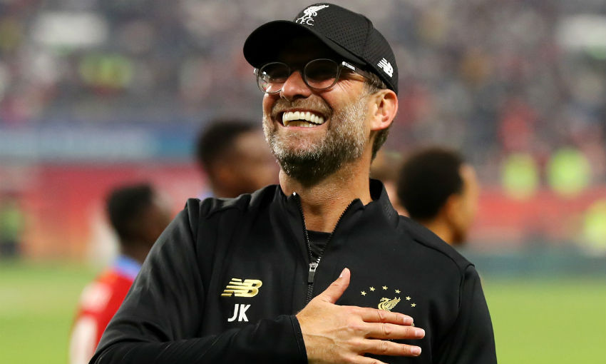 Jurgen Klopp, Manager of Liverpool celebrates to the fans after winning the FIFA Club World Cup Qatar 2019 Final between Liverpool FC and CR Flamengo at Education City Stadium on December 21, 2019 in Doha, Qatar.