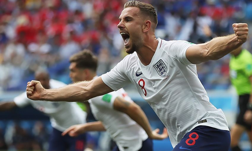 Liverpool captain Jordan Henderson celebrates an England victory at the 2018 World Cup in Russia