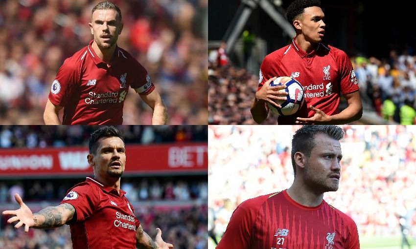 Jordan Henderson, Trent Alexander-Arnold, Dejan Lovren and Simon Mignolet of Liverpool FC