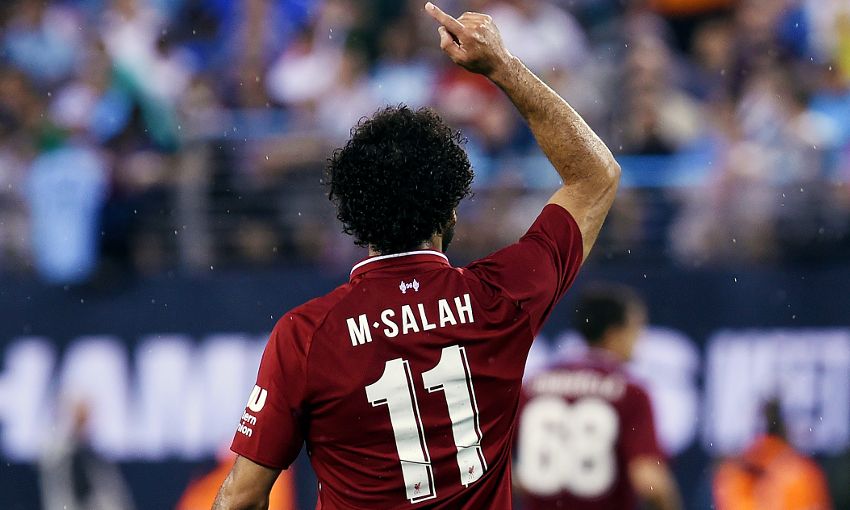 Mohamed Salah scores against Manchester City in New Jersey.