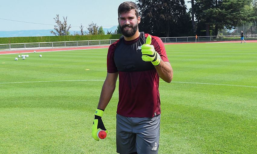 Alisson Becker and Roberto Firmino train in Evian with Liverpool FC.