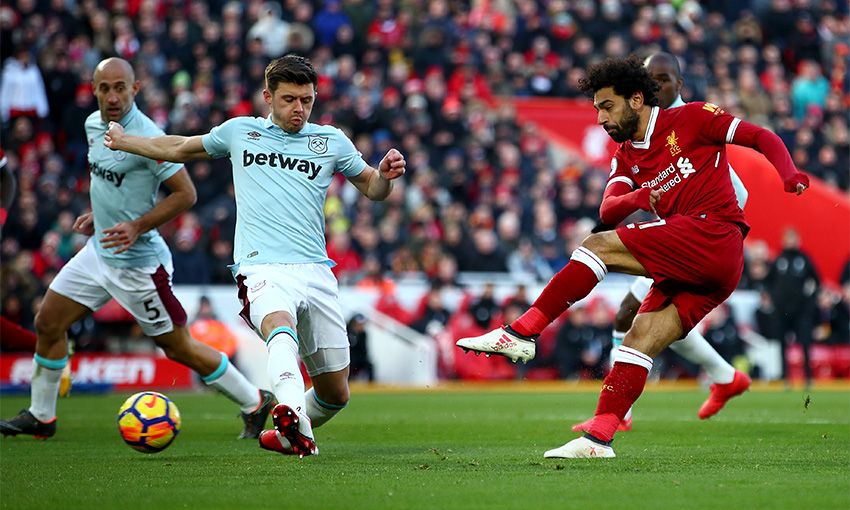 Mohamed Salah in action against West Ham United at Anfield,