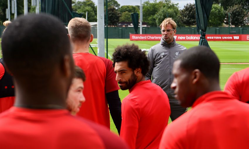 Jürgen Klopp speaks to Liverpool FC's squad before training at Melwood
