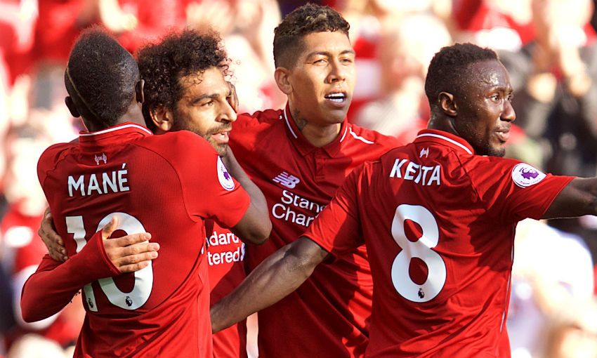 Liverpool FC's Mohamed Salah, Roberto Firmino, Sadio Mane and Naby Keita celebrate a goal at Anfield