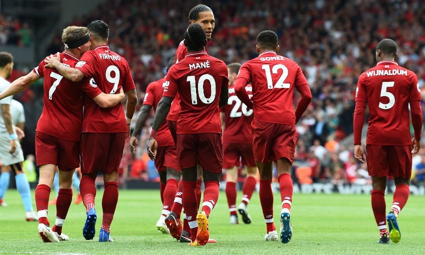 Sadio Mane and Liverpool FC celebrate a goal v West Ham United at Anfield