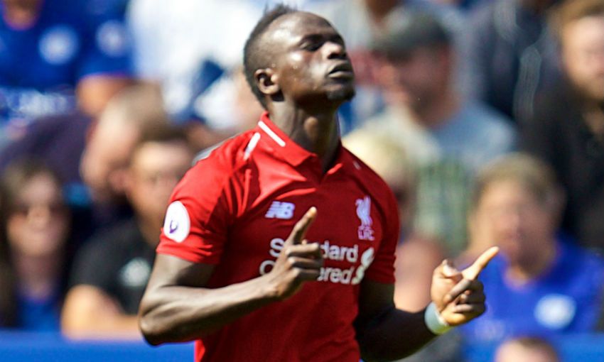Liverpool FC's Sadio Mane celebrates scoring versus Leicester City