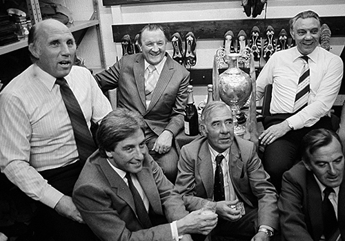 The Boot Room Boys: Ronnie Moran, Roy Evans, manager Bob Paisley, Tom Saunders, Joe Fagan and John Bennison