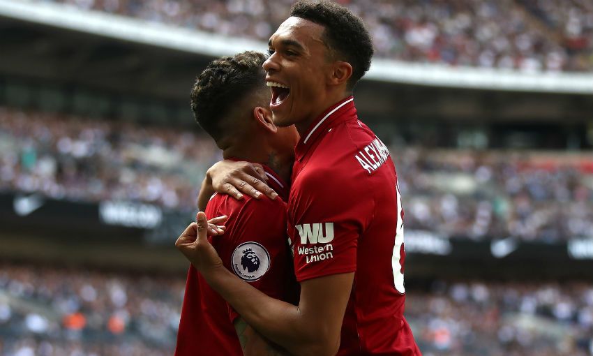 Trent Alexander-Arnold and Roberto Firmino of Liverpool FC
