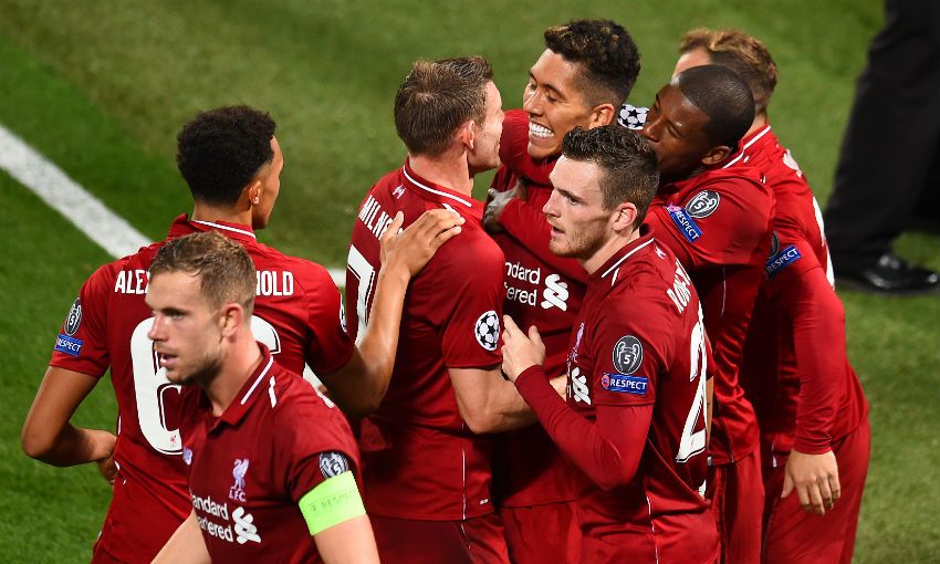 Liverpool FC celebrate Roberto Firmino's goal versus PSG at Anfield