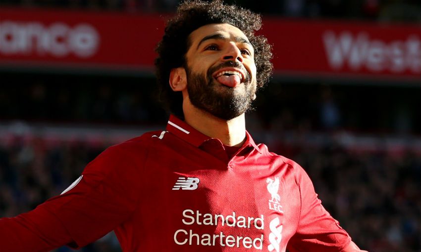 Mohamed Salah celebrates scoring for Liverpool FC v Cardiff City