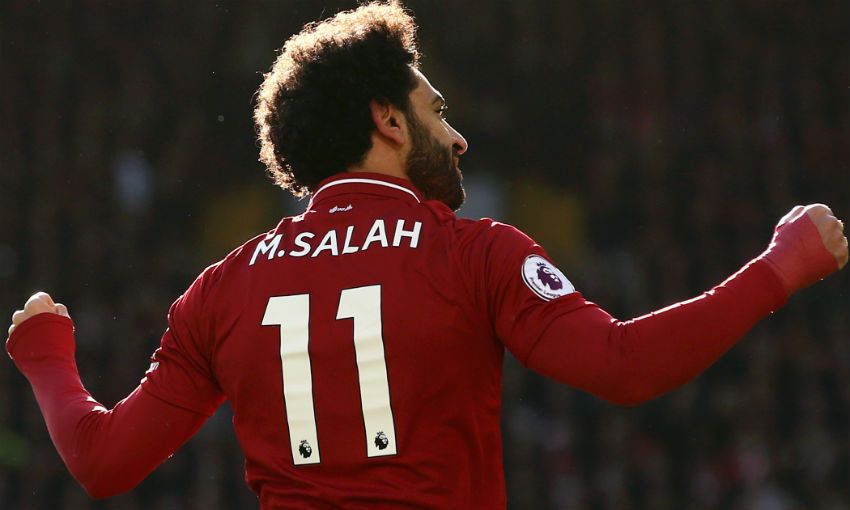 Mohamed Salah celebrates scoring for Liverpool FC v Cardiff City