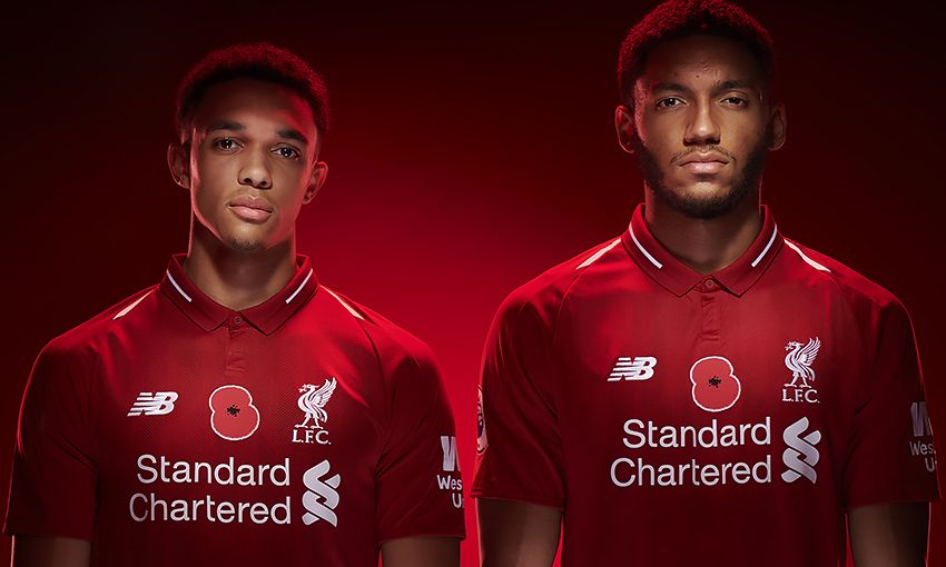 Trent Alexander-Arnold ands Joe Gomez wear the special Liverpool FC poppy shirt