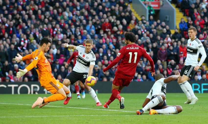 Liverpool FC's Mohamed Salah in action versus Fulham at Anfield