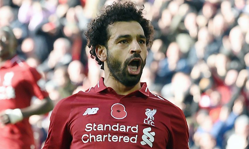 Mohamed Salah celebrates his goal during Liverpool FC v Fulham