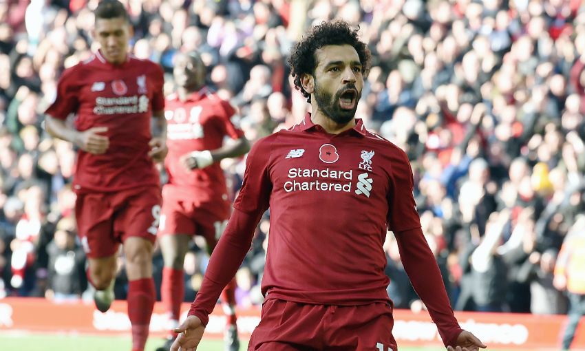 Mohamed Salah celebrates his goal during Liverpool FC v Fulham