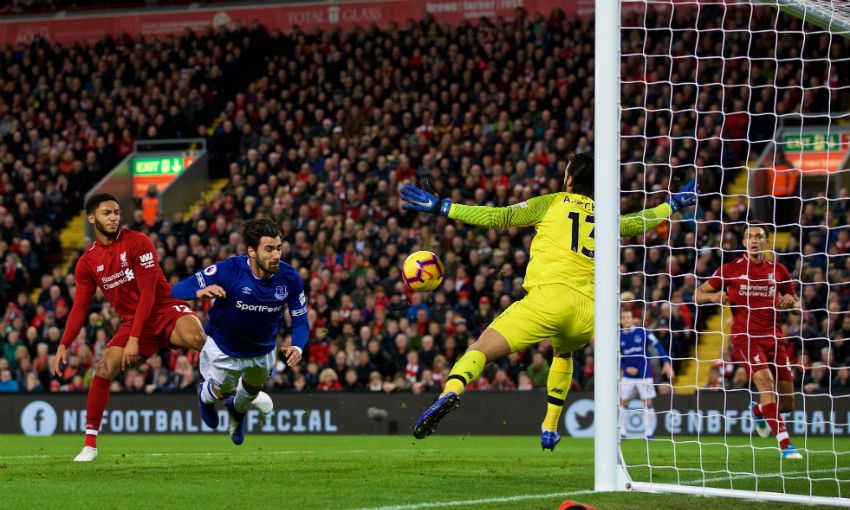 Alisson Becker saves from Andre Gomes in Liverpool v Everton
