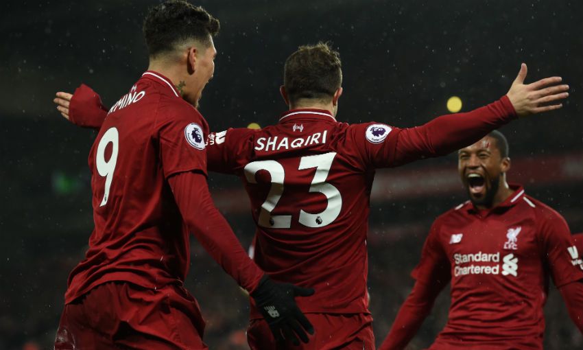 Liverpool FC's Xherdan Shaqiri celebrates scoring v Manchester United