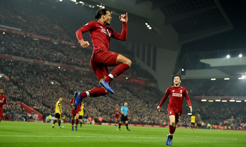 Virgil van Dijk celebrates, Liverpool v Watford