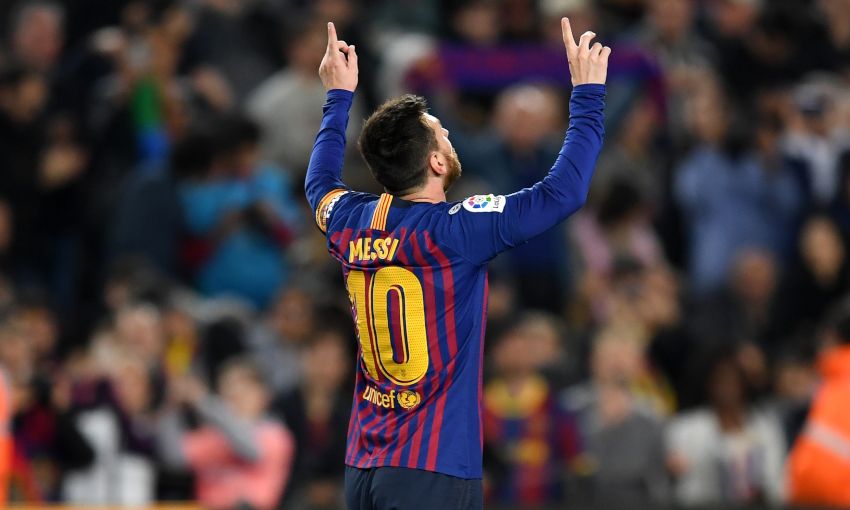 Lionel Messi celebrates a goal for FC Barcelona