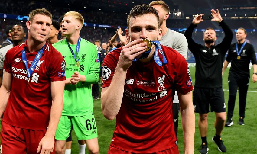 Andy Robertson of Liverpool FC celebrates winning 2019 Champions League