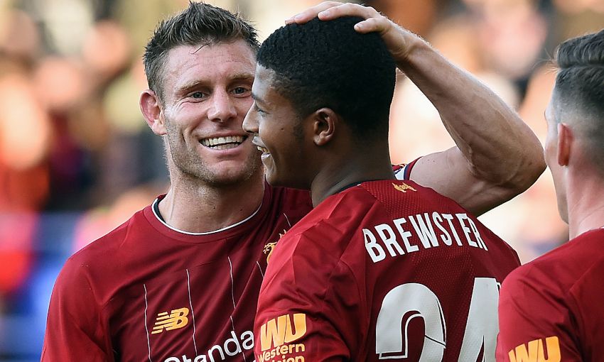 James Milner and Rhian Brewster celebrate at Tranmere Rovers