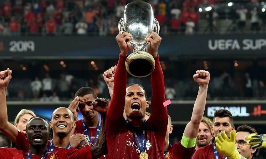 Virgil van Dijk of Liverpool FC lifts UEFA Super Cup