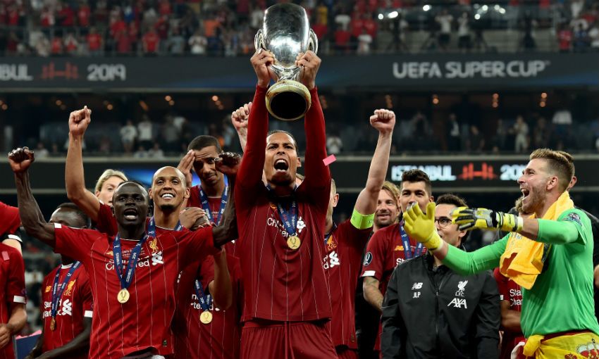 Virgil van Dijk of Liverpool FC lifts UEFA Super Cup