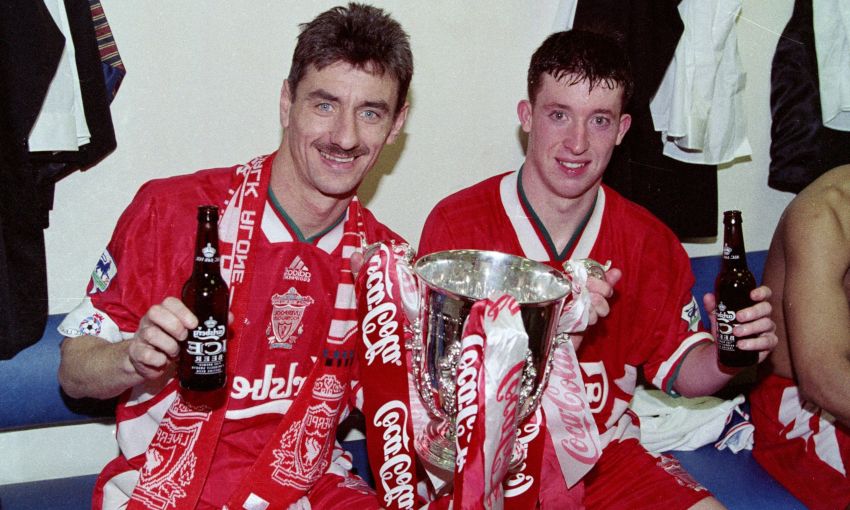 Ian Rush and Robbie Fowler celebrate with the League Cup trophy