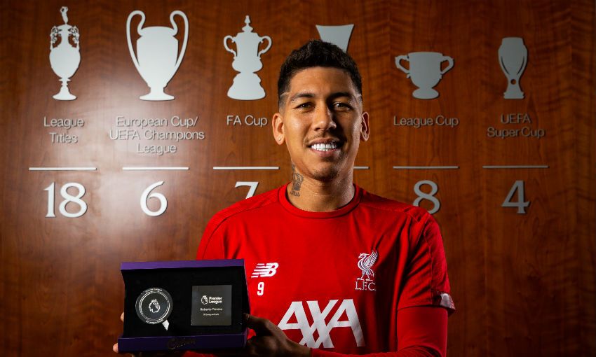 Roberto Firmino of Liverpool FC receives award for 50 Premier League goals