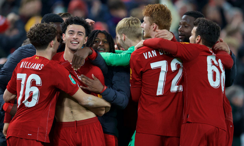 Liverpool's Curtis Jones (#48) celebrates with team-mates after scoring the winning fifth penalty of the shoot out during the Football League Cup 4th Round match between Liverpool FC and Arsenal FC at Anfield. Liverpool won 5-4 on penalties after a 5-5 draw.