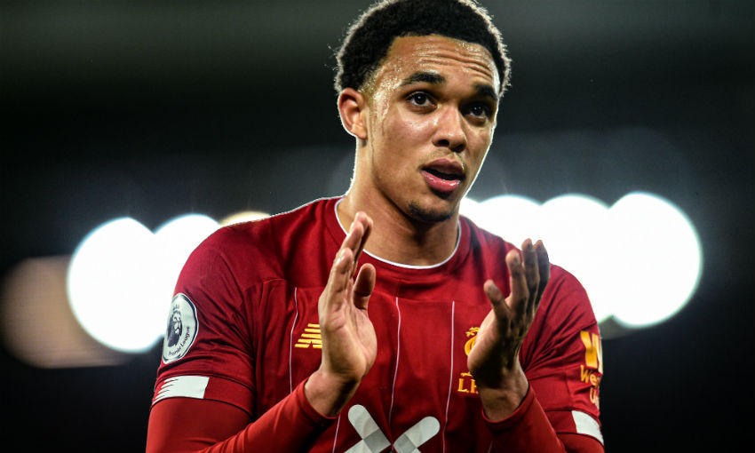 Trent Alexander-Arnold of Liverpool during the Premier League match between Liverpool FC and Tottenham Hotspur at Anfield on October 27, 2019 in Liverpool, United Kingdom.