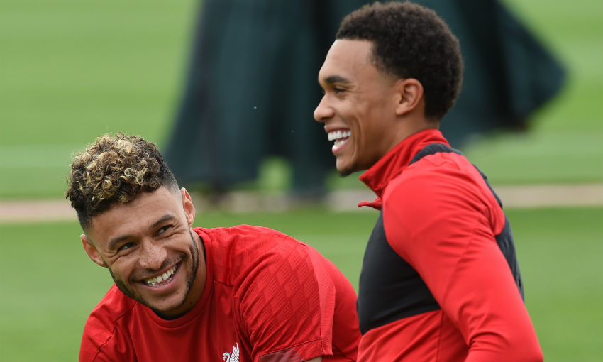 Alex Oxlade-Chamberlain with Trent Alexander-Arnold of Liverpool during a training session at Melwood Training Ground on August 22, 2019 in Liverpool, England.