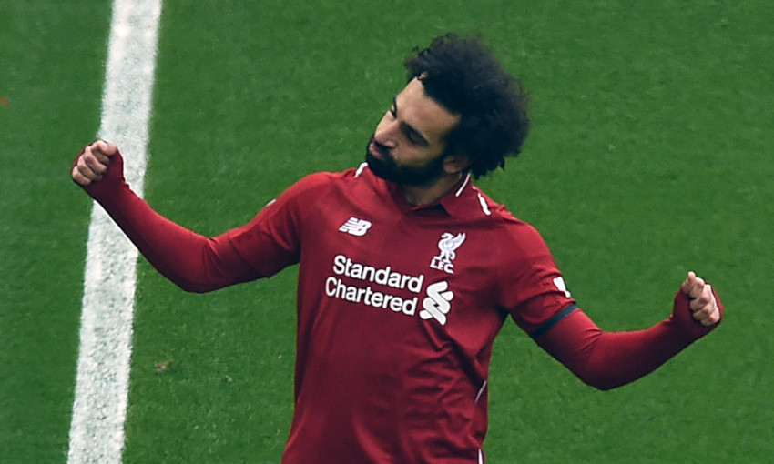 Mohamed Salah celebrates scoring against Chelsea