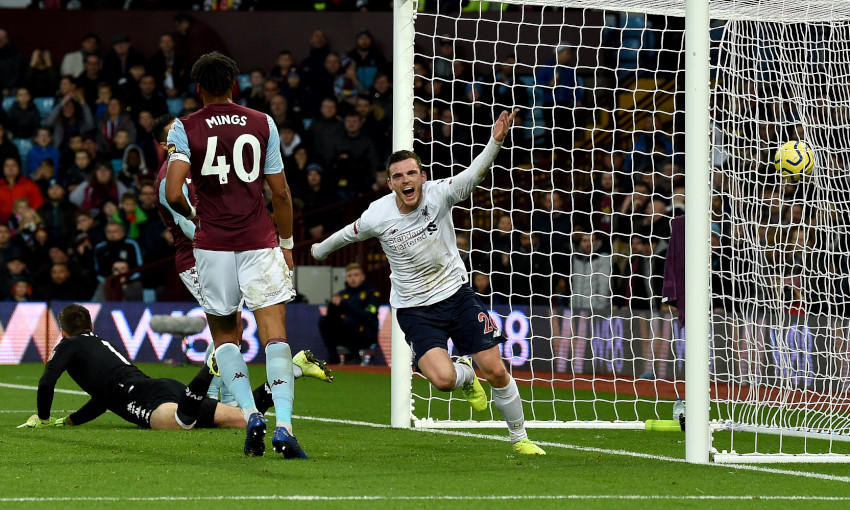 Andy Robertson celebrates scoring against Aston Villa
