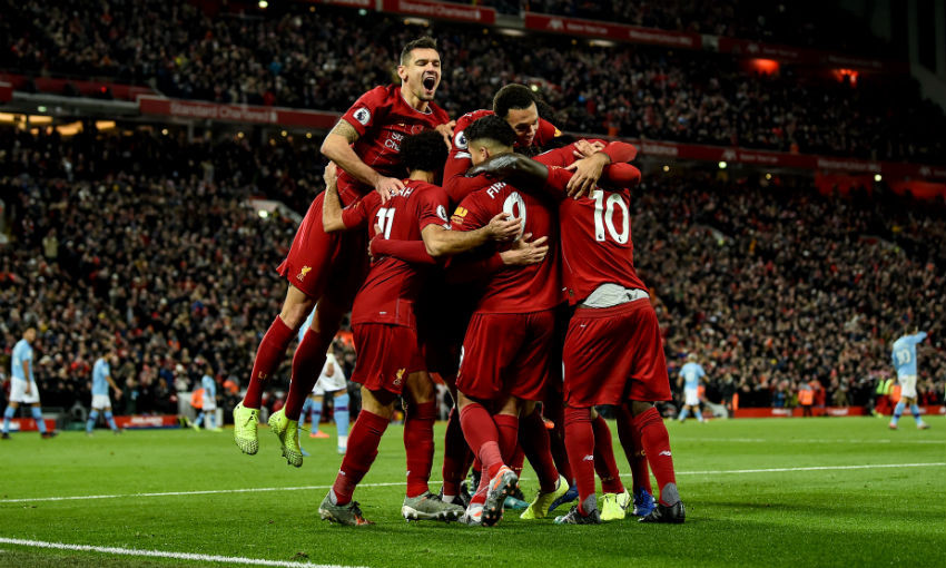 Liverpool FC celebrate Sadio Mane's goal in 3-1 win over Manchester City