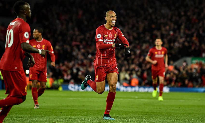 Fabinho celebrates scoring for Liverpool