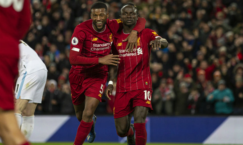 Gini Wijnaldum and Sadio Mane of Liverpool FC celebrate a goal against West Ham United