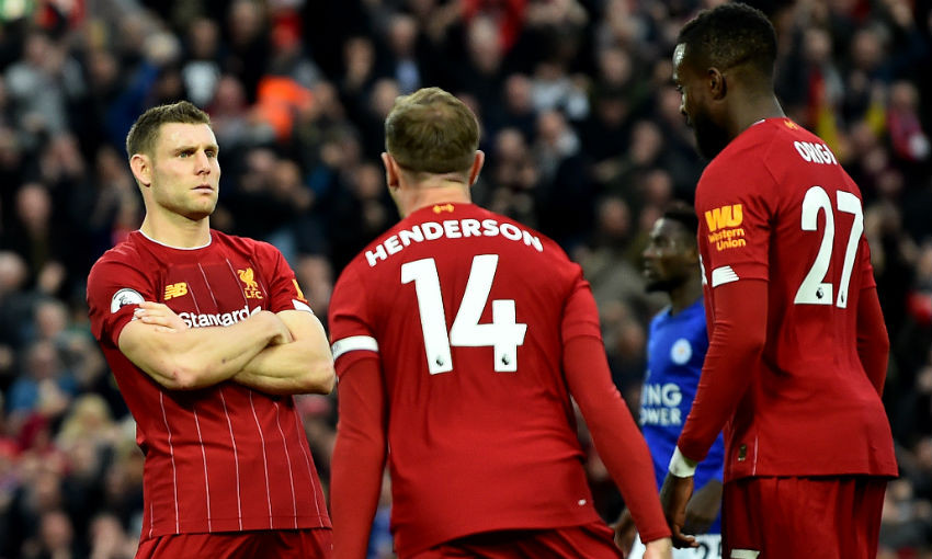 James Milner celebrates goal for Liverpool FC v Leicester City