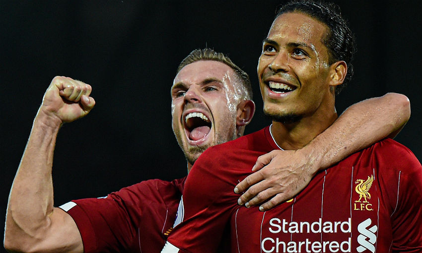 Virgil van Dijk celebrates goal for Liverpool FC v Norwich City