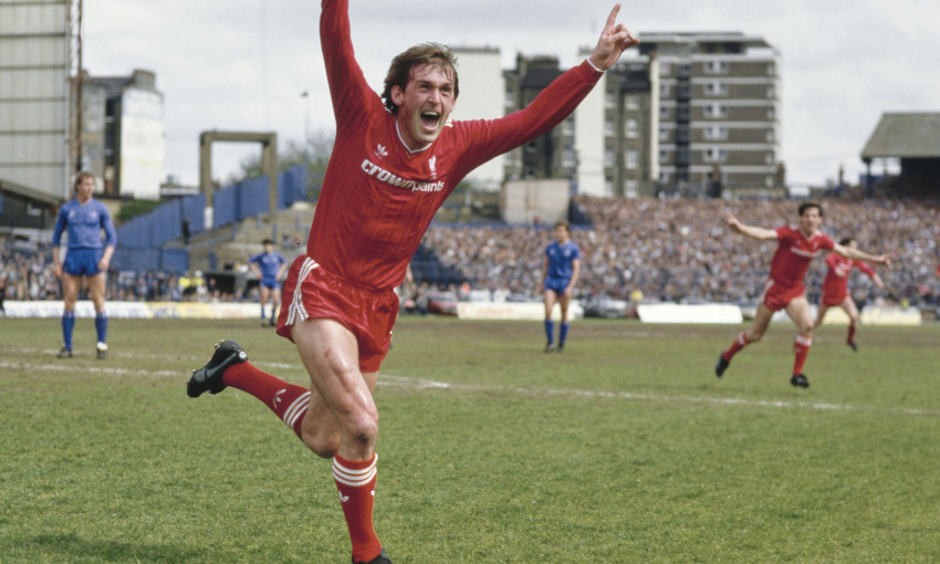 Kenny Dalglish celebrates a goal against Chelsea in May 1986