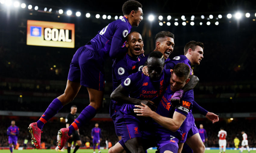 Liverpool FC celebrate goal v Arsenal at Emirates Stadium