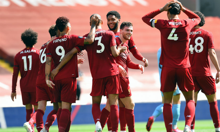 Liverpool FC celebrate goal by Andy Robertson v Burnley at Anfield