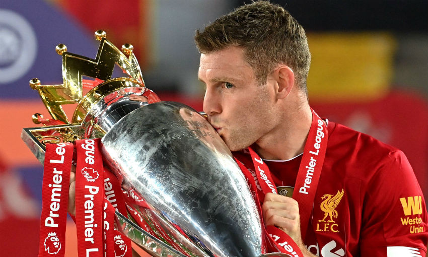 James Milner of Liverpool FC with Premier League trophy