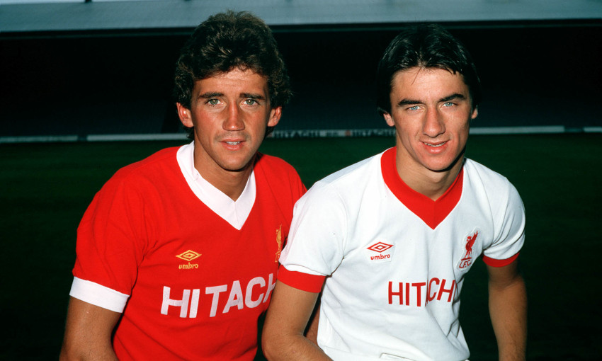 Liverpool FC in kits sponsored by Hitachi
