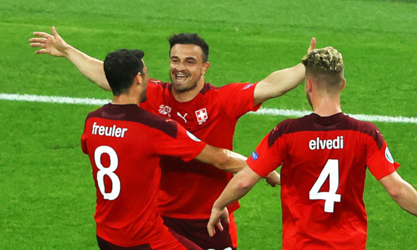 Xherdan Shaqiri celebrates scoring for Switzerland at Euro 2020