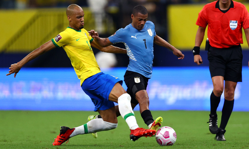 Fabinho in action for Brazil against Uruguay