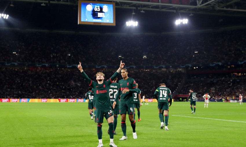 Harvey Elliott celebrates scoring against Ajax in Amsterdam