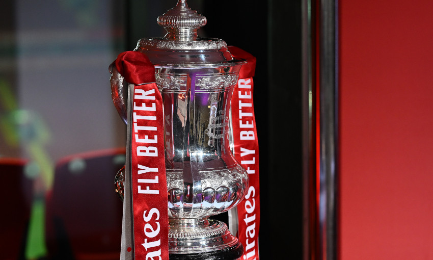 The Emirates FA Cup trophy on display at Anfield