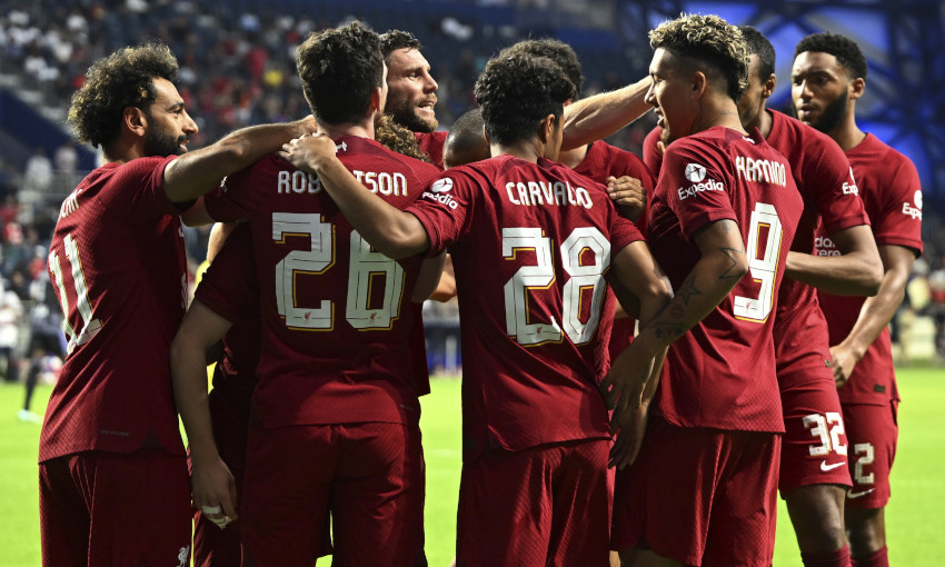 Liverpool celebrate scoring a goal against Lyon in the Dubai Super Cup