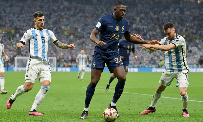 Ibrahima Konate competes for the ball during the 2022 World Cup final